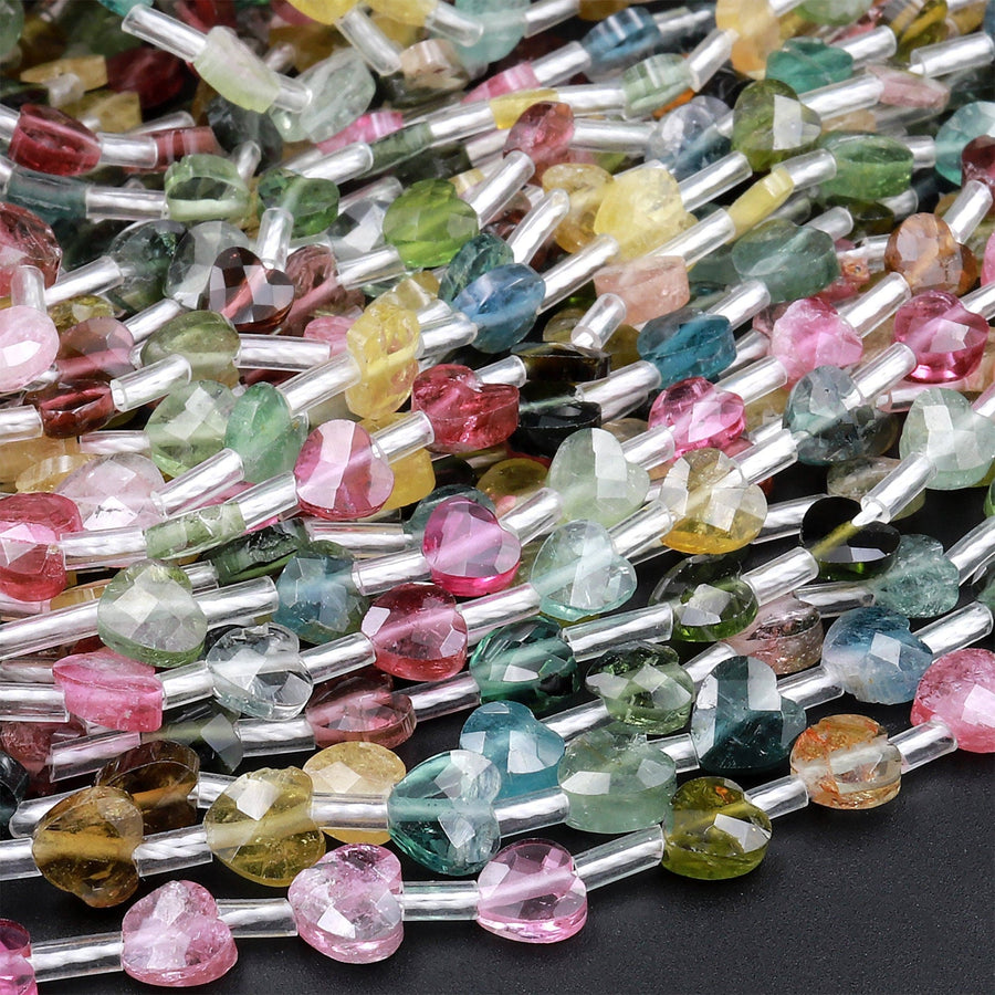 Faceted Tourmaline Heart Beads 4mm 6mm 8mm Natural Multicolor Watermelon Pink Green Blue Yellow Gemstone 18&quot; Strand