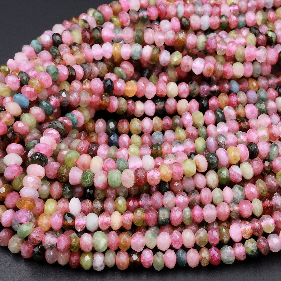 AAA Natural Multicolor Watermelon Tourmaline Micro Faceted Rondelle Beads 4mm 5mm Pink Green Gemstone 15.5&quot; Strand