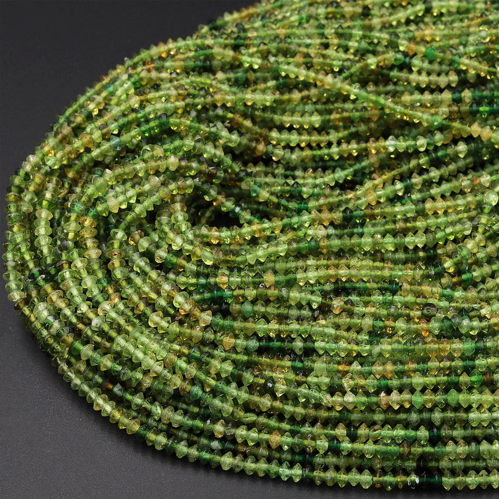 Micro Faceted Natural Green Tourmaline 3mm Saucer Rondelle Beads Diamond Cut Gemstone 15.5&quot; Strand