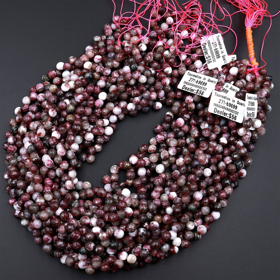 Natural Eudialyte Faceted 6mm Rounded Teardrop Beads Aka Pink Tourmaline in Quartz 16&quot; Strand