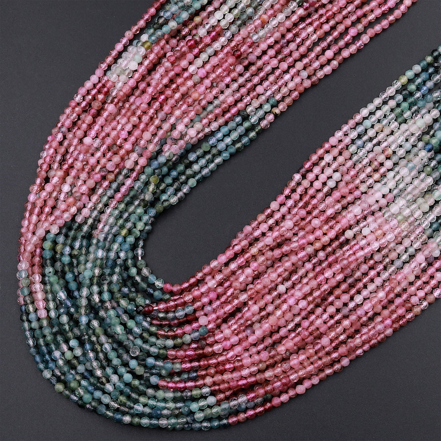 Natural Multicolor Pink Blue Green Tourmaline Micro Faceted 2mm 3mm Round Gemstone Beads 15.5&quot; Strand