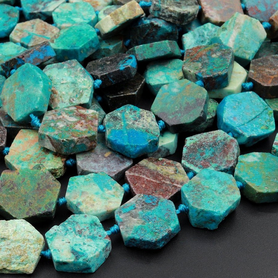 Chrysocolla Beads Hexagon Shape Flat Slice Rare Energy Stone Genuine Real 100% Natural Blue Green Gemstone 15.5&quot; Strand