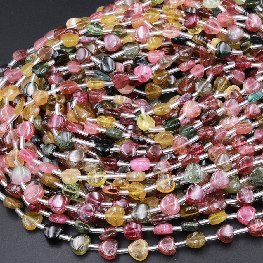 Tourmaline Heart Beads 5mm 6mm 7mm 8mm Natural Multicolor Watermelon Pink Green Yellow Gemstone 18&quot; Strand