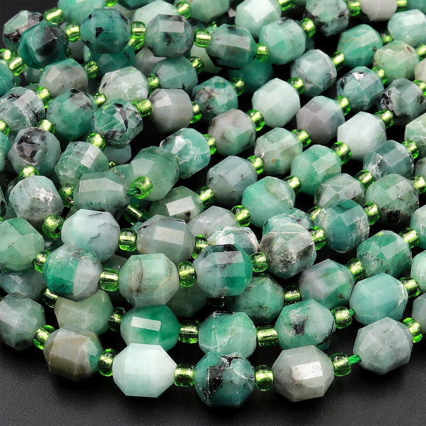 Real Genuine Natural Green Emerald 8mm Beads Faceted Energy Prism Double Terminated Point Cut 15.5&quot; Strand