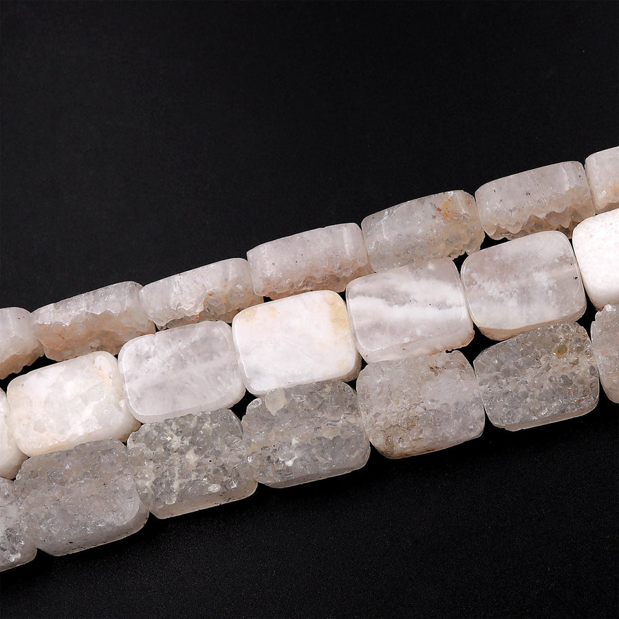 Natural Rock Crystal Quartz Druzy Raw Drusy Rectangle Cushion Cut Beads 15.5&quot; Strand