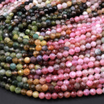 Natural Multicolor Pink Green Yellow Tourmaline Micro Faceted 3mm 4mm Round Gemstone Beads 15.5&quot; Strand