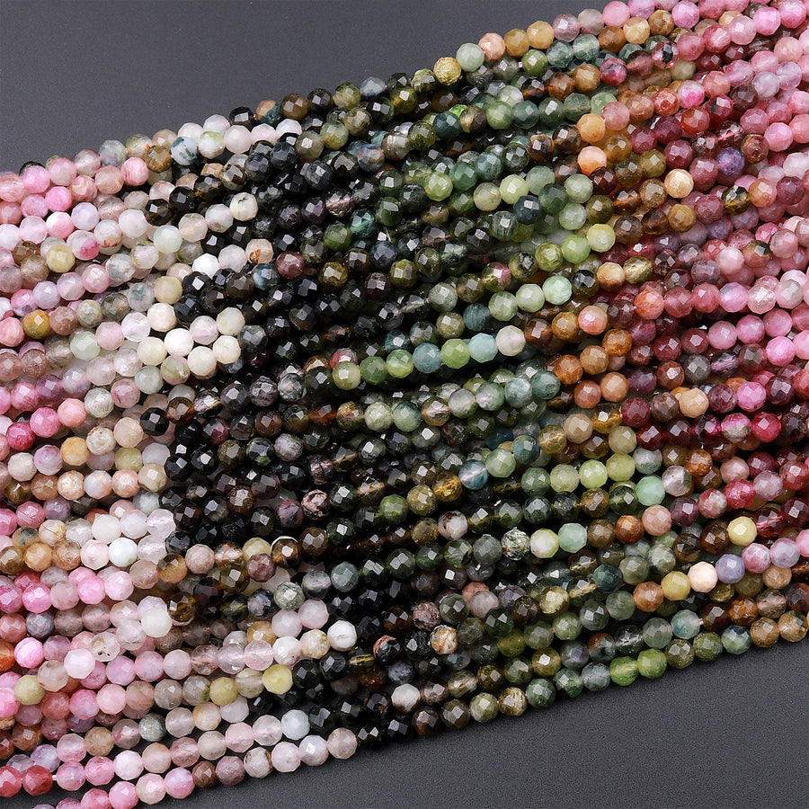 Natural Multicolor Pink Green Yellow Tourmaline Micro Faceted 3mm 4mm Round Gemstone Beads 15.5&quot; Strand
