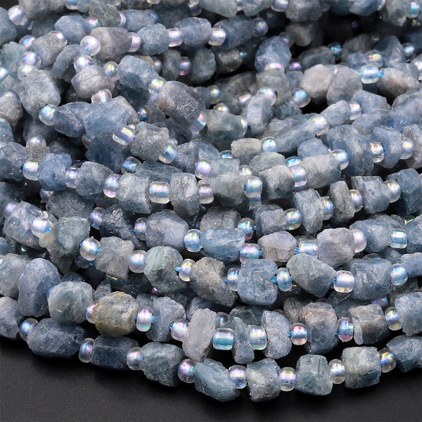 Small Natural Blue Sapphire Rough Raw Nugget Beads Freeform Hand Hammered Real Genuine Blue Sapphire Gemstone 15.5&quot; Strand