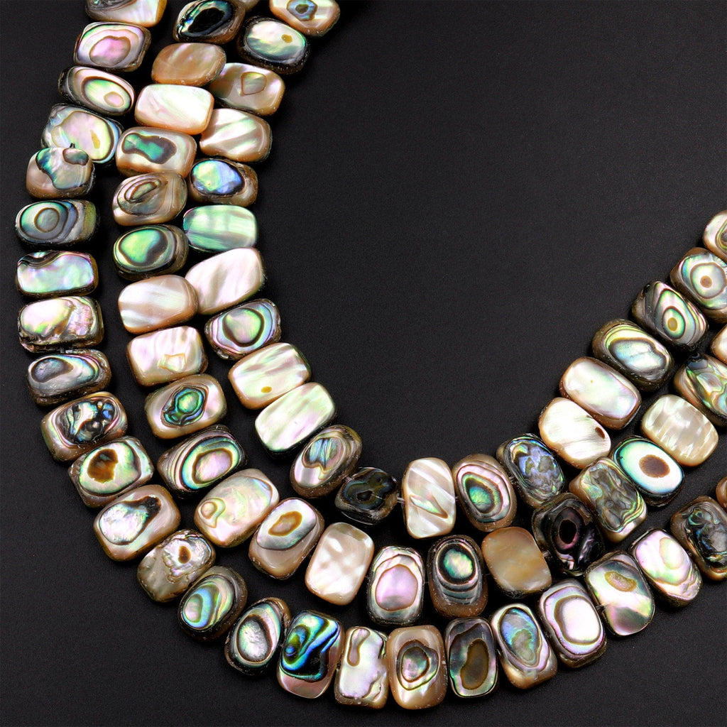 Natural Abalone Rectangle Cushion Beads 12mm Iridescent Rainbow Glow Blue Green Shell 15.5&quot; Strand