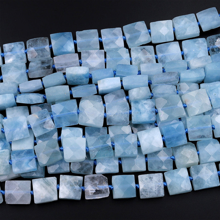 Natural Aquamarine Beads Faceted Square Cushion 10mm 12mm Stunning Blue Gemstone 15.5&quot; Strand