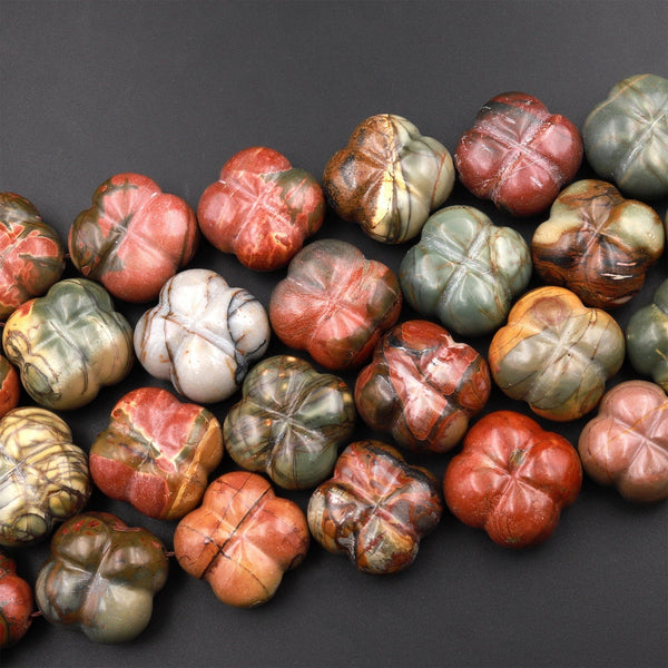 Carved Red Creek Jasper Flower Beads Earthy Red Green Yellow Brown Natural Cherry Creek Multi-color Picasso Jasper 15.5&quot; Strand