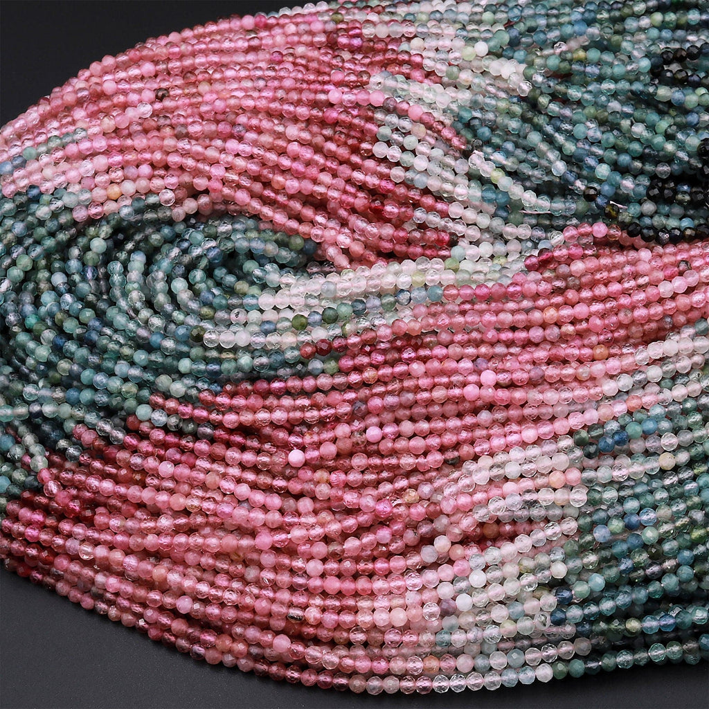 Natural Multicolor Pink Blue Green Tourmaline Micro Faceted 2mm 3mm Round Gemstone Beads 15.5&quot; Strand