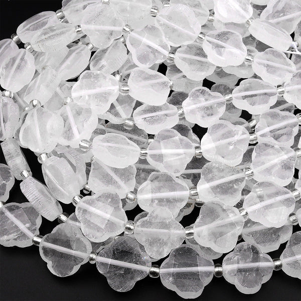 Natural Clear Rock Crystal Quartz 4 Four Leaf Clover Beads Hand Carved Flower Gemstone 15.5&quot; Strand