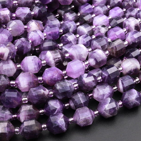 Natural Purple Amethyst 8mm Beads Faceted Energy Prism Double Point Cut 15.5&quot; Strand