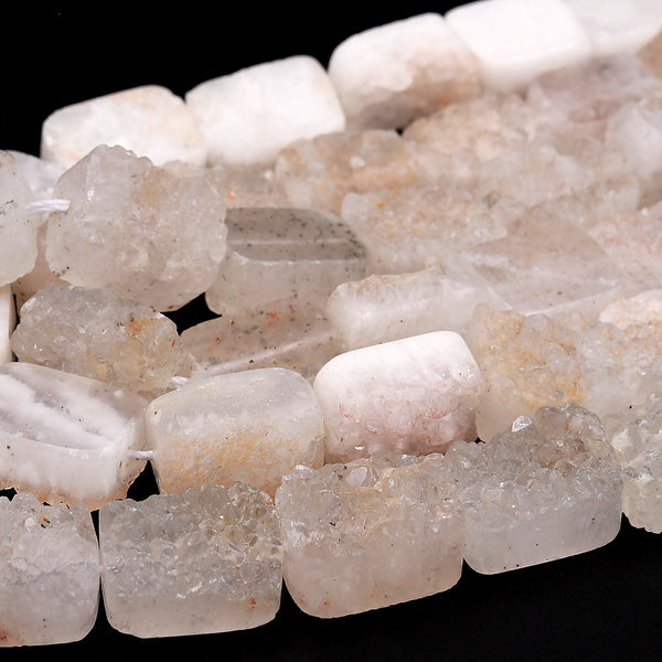 Natural Rock Crystal Quartz Druzy Raw Drusy Rectangle Cushion Cut Beads 15.5&quot; Strand