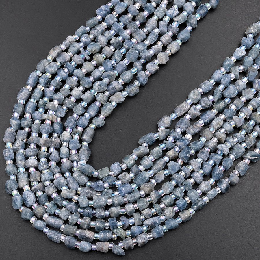 Small Natural Blue Sapphire Rough Raw Nugget Beads Freeform Hand Hammered Real Genuine Blue Sapphire Gemstone 15.5&quot; Strand