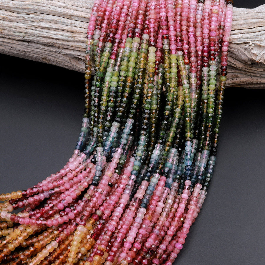 AAA Natural Multicolor Watermelon Tourmaline Micro Faceted 4mm Rondelle Beads Pink Green Blue Cognac Gemstone 15.5&quot; Strand