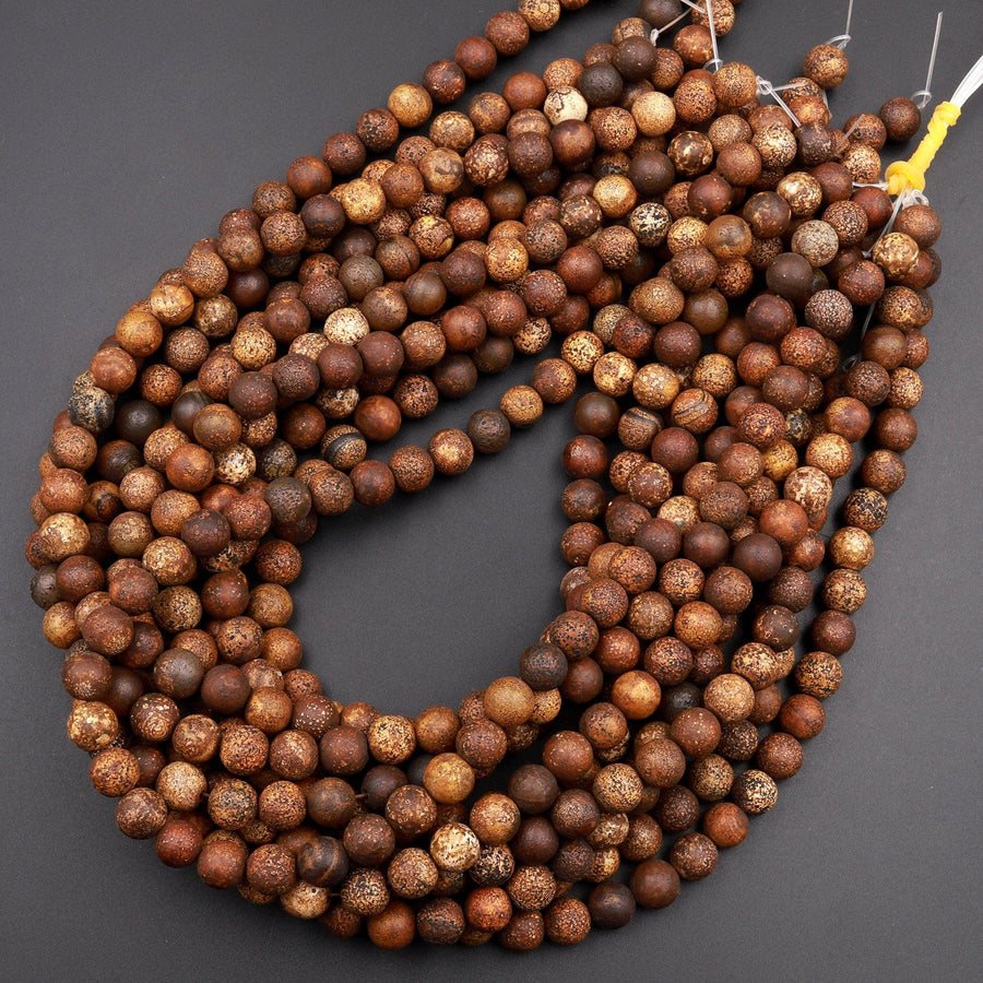 Tibetan Agate 6mm 8mm Round Beads Rustic Brown Antique Boho Mala Beads 15.5&quot; Strand