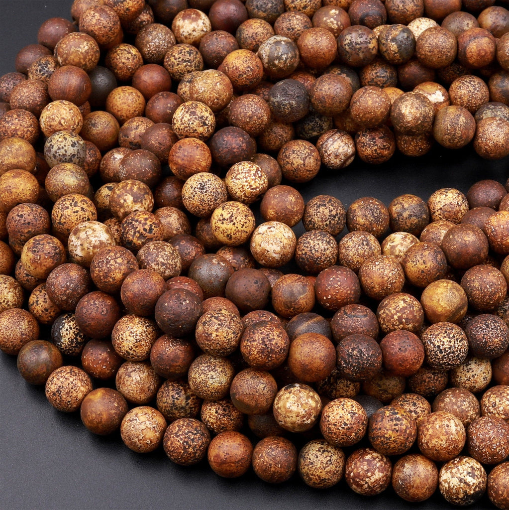 Tibetan Agate 6mm 8mm Round Beads Rustic Brown Antique Boho Mala Beads 15.5&quot; Strand