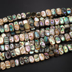Natural Abalone Rectangle Cushion Beads 12mm Iridescent Rainbow Glow Blue Green Shell 15.5&quot; Strand