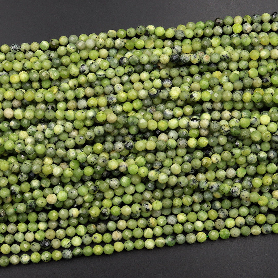Faceted Canadian Jade 3mm 4mm Round Beads Micro Cut Natural Green Jade Gemstone 15.5&quot; Strand