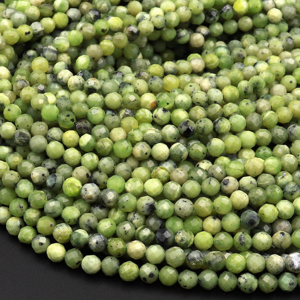 Faceted Canadian Jade 3mm 4mm Round Beads Micro Cut Natural Green Jade Gemstone 15.5&quot; Strand