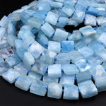 Natural Aquamarine Beads Faceted Square Cushion 10mm 12mm Stunning Blue Gemstone 15.5&quot; Strand