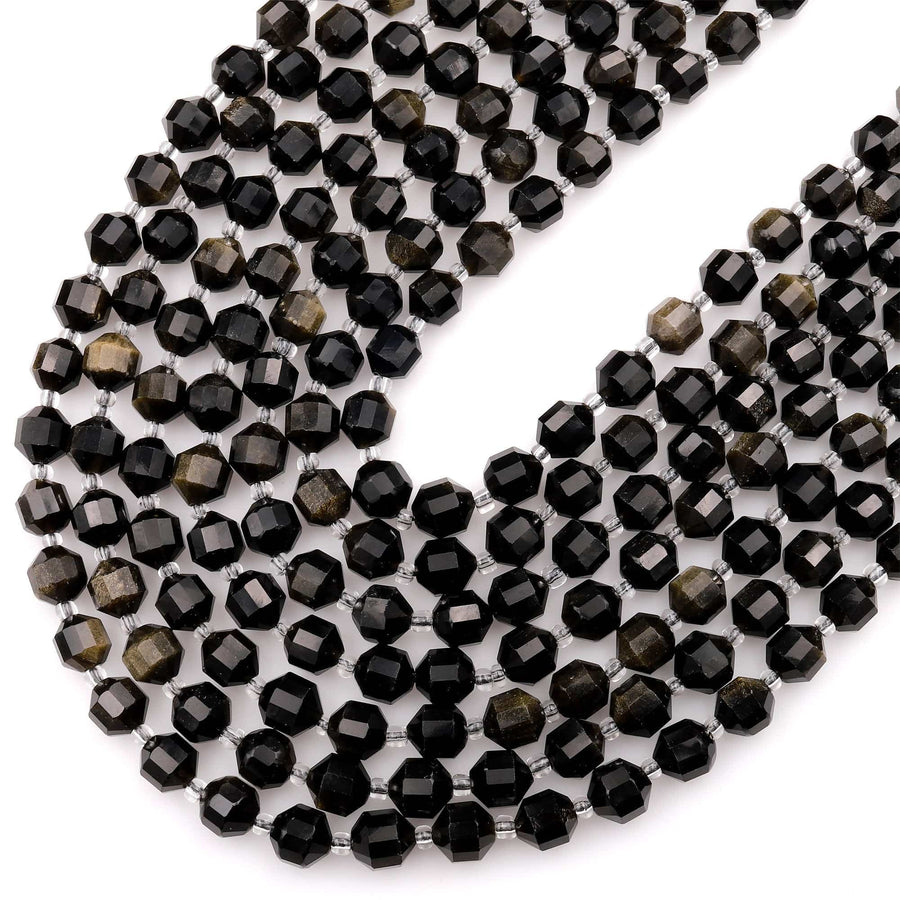 Natural Golden Obsidian 6mm 8mm Beads Rounded Faceted Energy Prism Double Terminated Points 15.5&quot; Strand