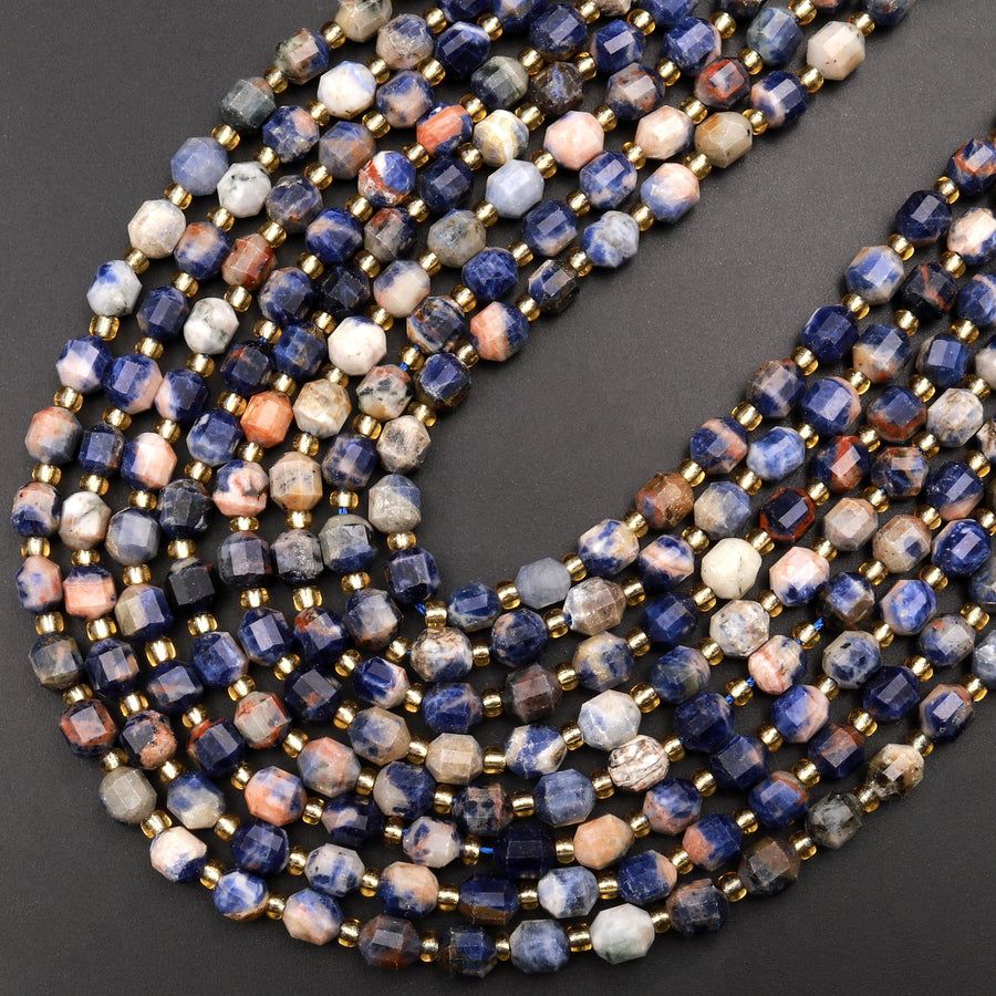 Natural Blue Orange Sodalite 6mm 8mm Beads Rounded Faceted Energy Prism Double Terminated Points 15.5&quot; Strand