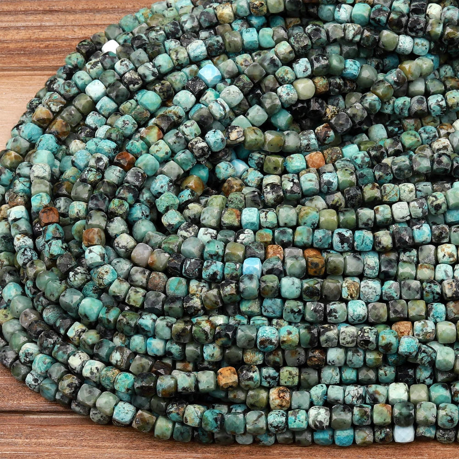 Natural African Turquoise Faceted 4mm 6mm Cube Dice Square Beads Micro Faceted Laser Diamond Cut 15.5&quot; Strand