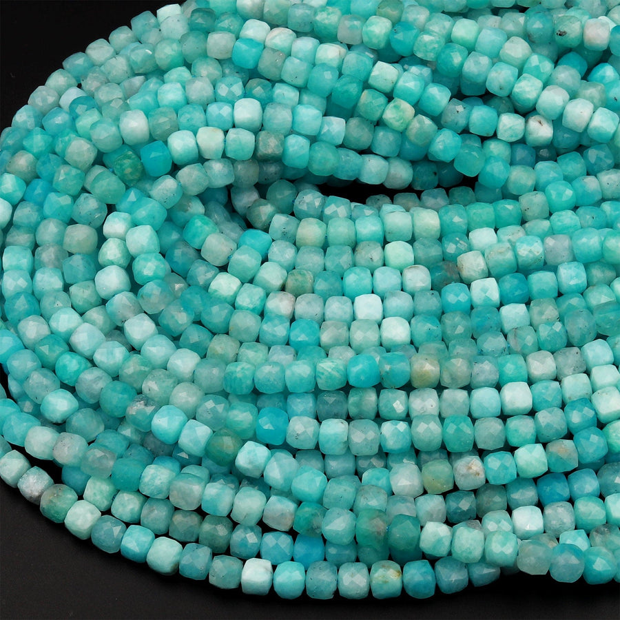 Natural Peruvian Blue Amazonite Faceted 4mm Cube Dice Square Beads Micro Faceted Laser Diamond Cut 15.5&quot; Strand
