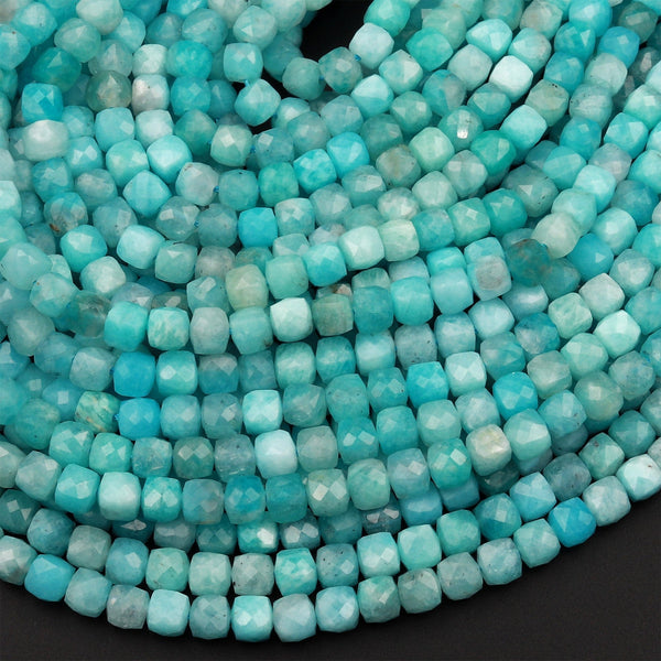 Natural Peruvian Blue Amazonite Faceted 4mm Cube Dice Square Beads Micro Faceted Laser Diamond Cut 15.5&quot; Strand