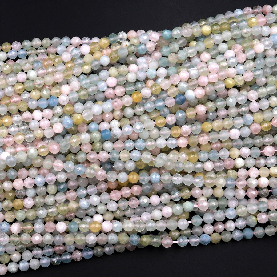 AAA Gemmy Translucent Faceted Pink Morganite Green Blue Aquamarine 4mm Round Beads Natural Beryl Gemstone 15.5&quot; Strand