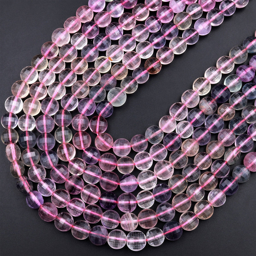 Faceted Natural Fluorite 10mm Coin Beads 15.5&quot; Strand