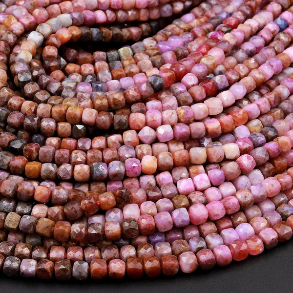 Multicolor Real Genuine Natural Ruby Faceted 4mm Cube Dice Square Beads Micro Faceted Laser Diamond Cut 15.5&quot; Strand