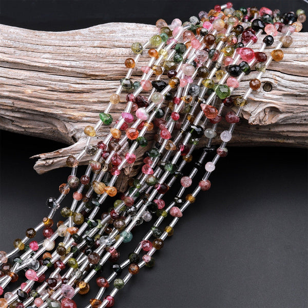 Faceted Tourmaline Teardrop Briolette Beads 4mm 5mm 6mm Natural Multicolor Watermelon Pink Green Blue Yellow Gemstone 18&quot; Strand