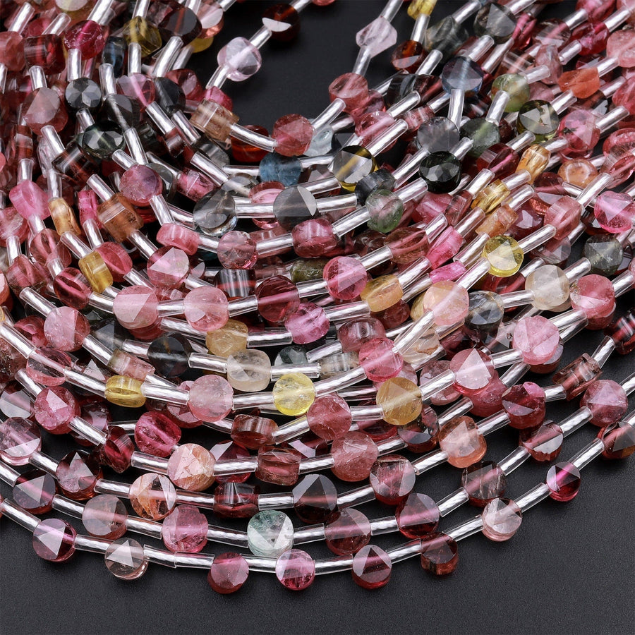 Faceted Tourmaline Circle Coin Beads 5mm Natural Multicolor Watermelon Pink Green Blue Yellow Gemstone 18&quot; Strand