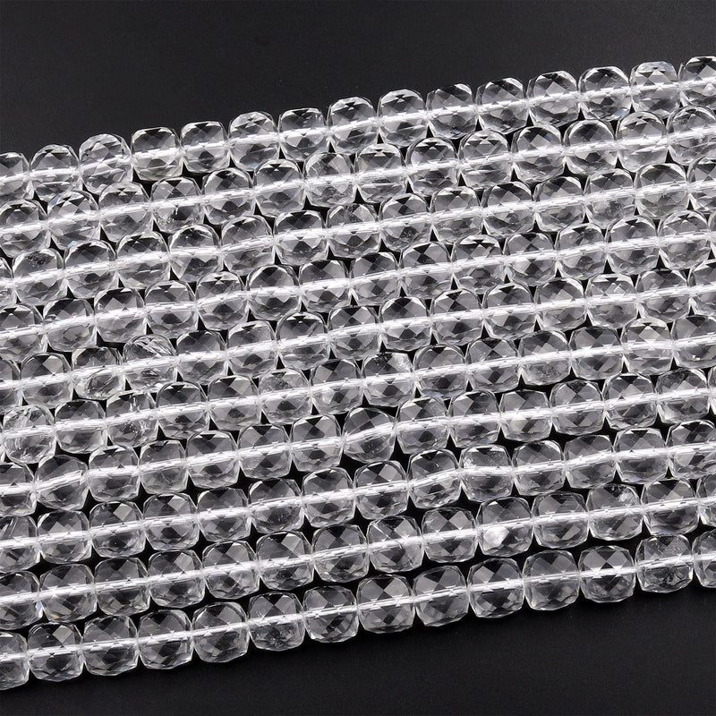 AAA Super Clear Real Genuine Natural Rock Crystal Quartz 6mm 8mm 10mm Faceted Cube Dice Beads 15.5" Strand