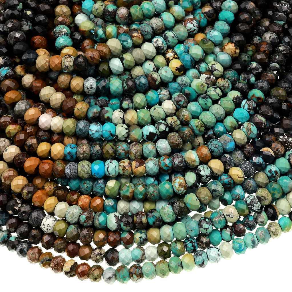 Genuine Natural Turquoise 4mm Faceted Rondelle Beads Multicolor Blue Green Brown Turquoise Micro Faceted Diamond Cut 15.5&quot; Strand
