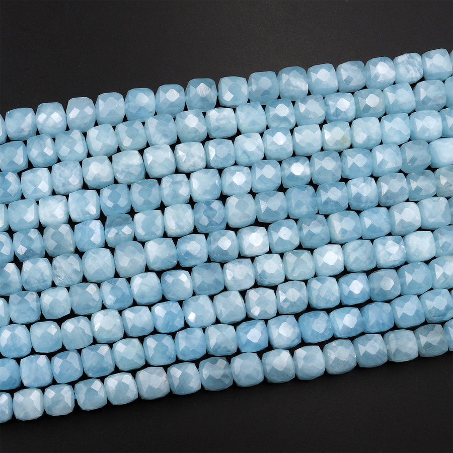 AAA Natural Blue Aquamarine Faceted 6mm 8mm Cube Beads Micro Faceted Laser Diamond Cut 15.5&quot; Strand