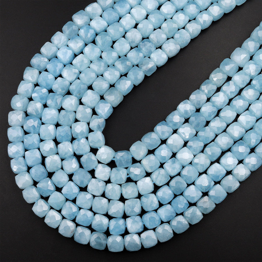 AAA Natural Blue Aquamarine Faceted 6mm 8mm Cube Beads Micro Faceted Laser Diamond Cut 15.5&quot; Strand