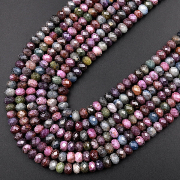 Faceted Natural Sapphire Rondelle Beads 6mm 8mm Multicolor Blue Green Pink Red Real Genuine Gemstone 15.5&quot; Strand