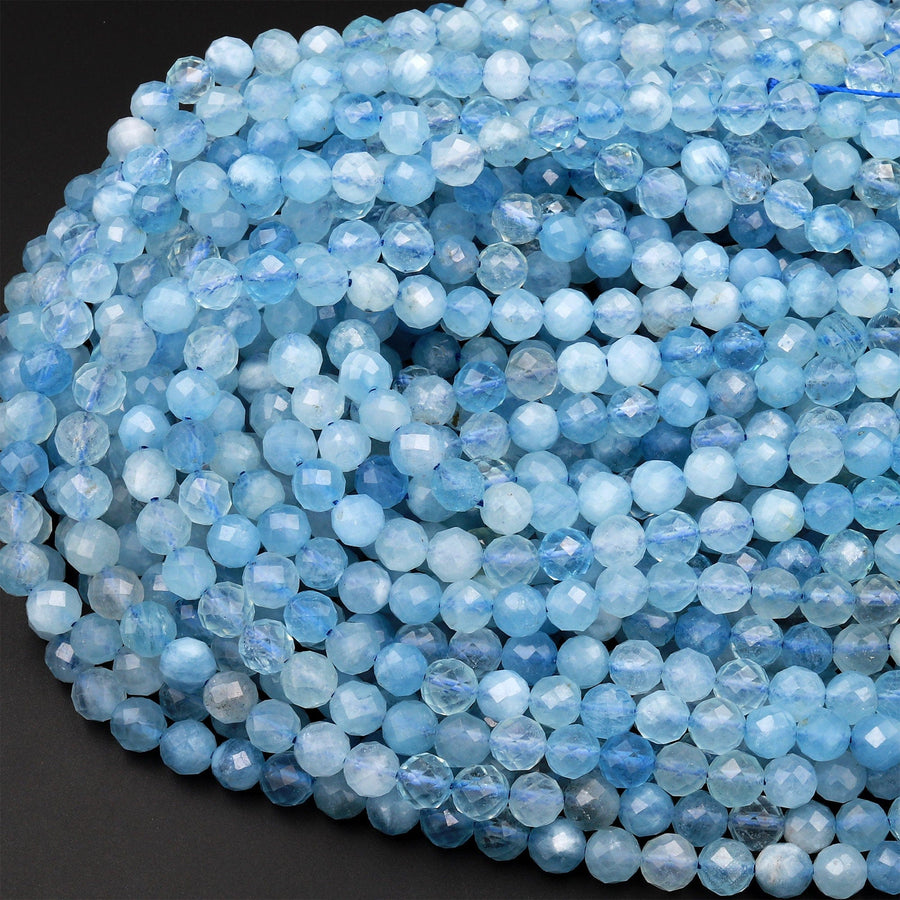 AA Faceted Natural Blue Aquamarine 6mm Round Beads Micro Laser Diamond Cut Gemstone 15.5&quot; Strand