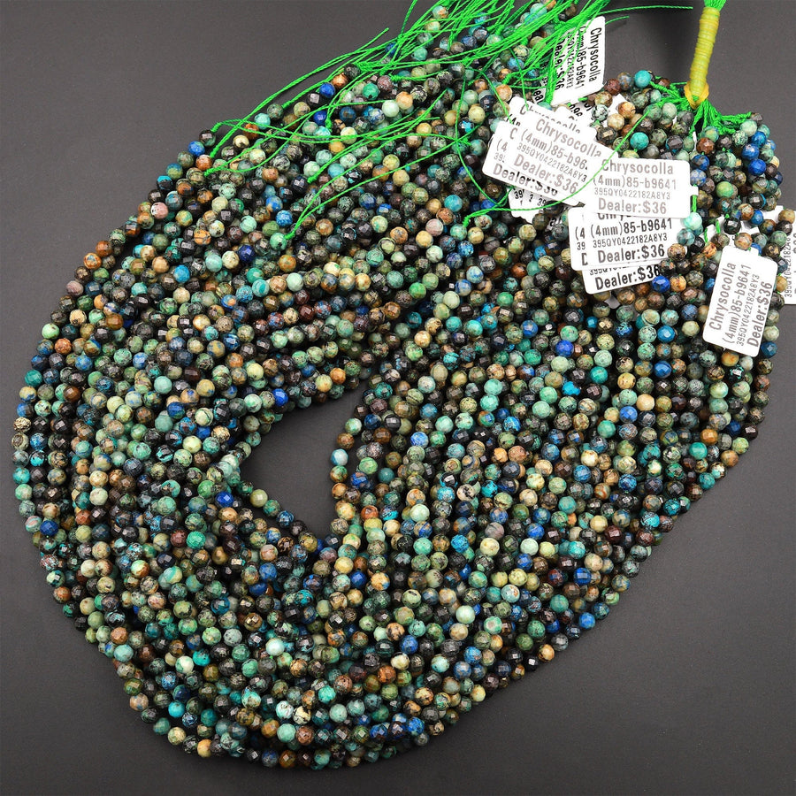 Faceted Natural Chrysocolla Azurite Round Beads 4mm 5mm Micro Laser Diamond Cut Blue Green Gemstone 15.5&quot; Strand