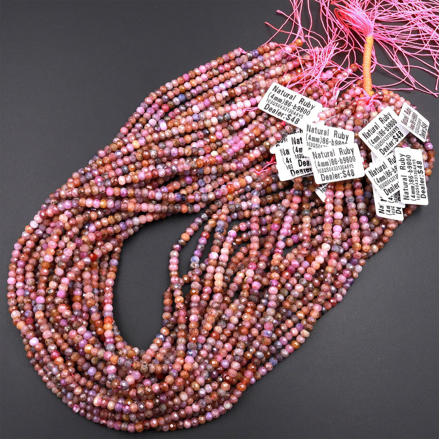 Real Genuine Natural Ruby Gemstone Faceted 4mm Rondelle Beads Mauve Purple Peach Pink Red Colors 15.5&quot; Strand
