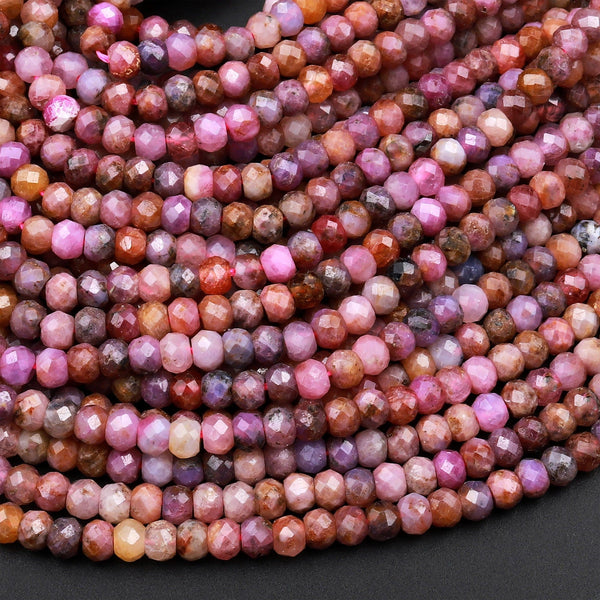 Real Genuine Natural Ruby Gemstone Faceted 4mm Rondelle Beads Mauve Purple Peach Pink Red Colors 15.5&quot; Strand