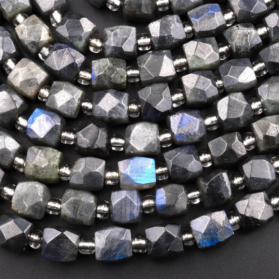 Faceted Natural Black Labradorite Square Dice Cube Beads 8mm 16&quot; Strand
