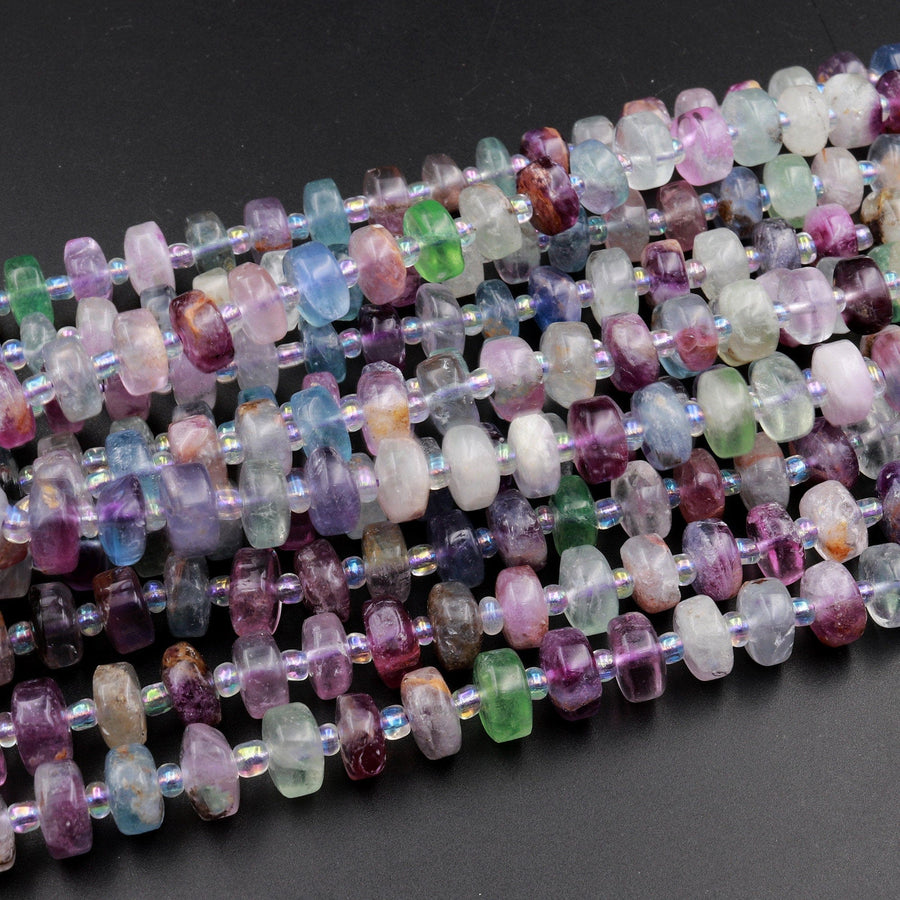 Natural Rainbow Fluorite Rondelle Wheel Beads 8mm Purple Green Gemstone Beads 15.5&quot; Strand