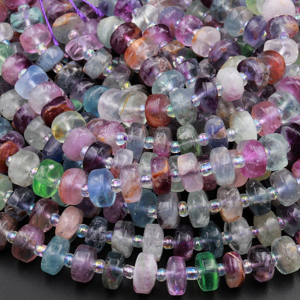 Natural Rainbow Fluorite Rondelle Wheel Beads 8mm Purple Green Gemstone Beads 15.5&quot; Strand