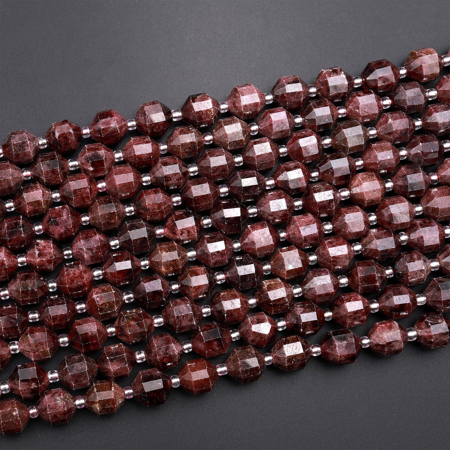 Natural Red Garnet 8mm 10mm Beads Faceted Energy Prism Double Terminated Points 15.5&quot; Strand
